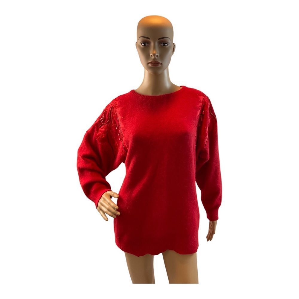 Bee Bee Women’s Vintage Red Beaded Angora LambWool Angora Sweater Size M